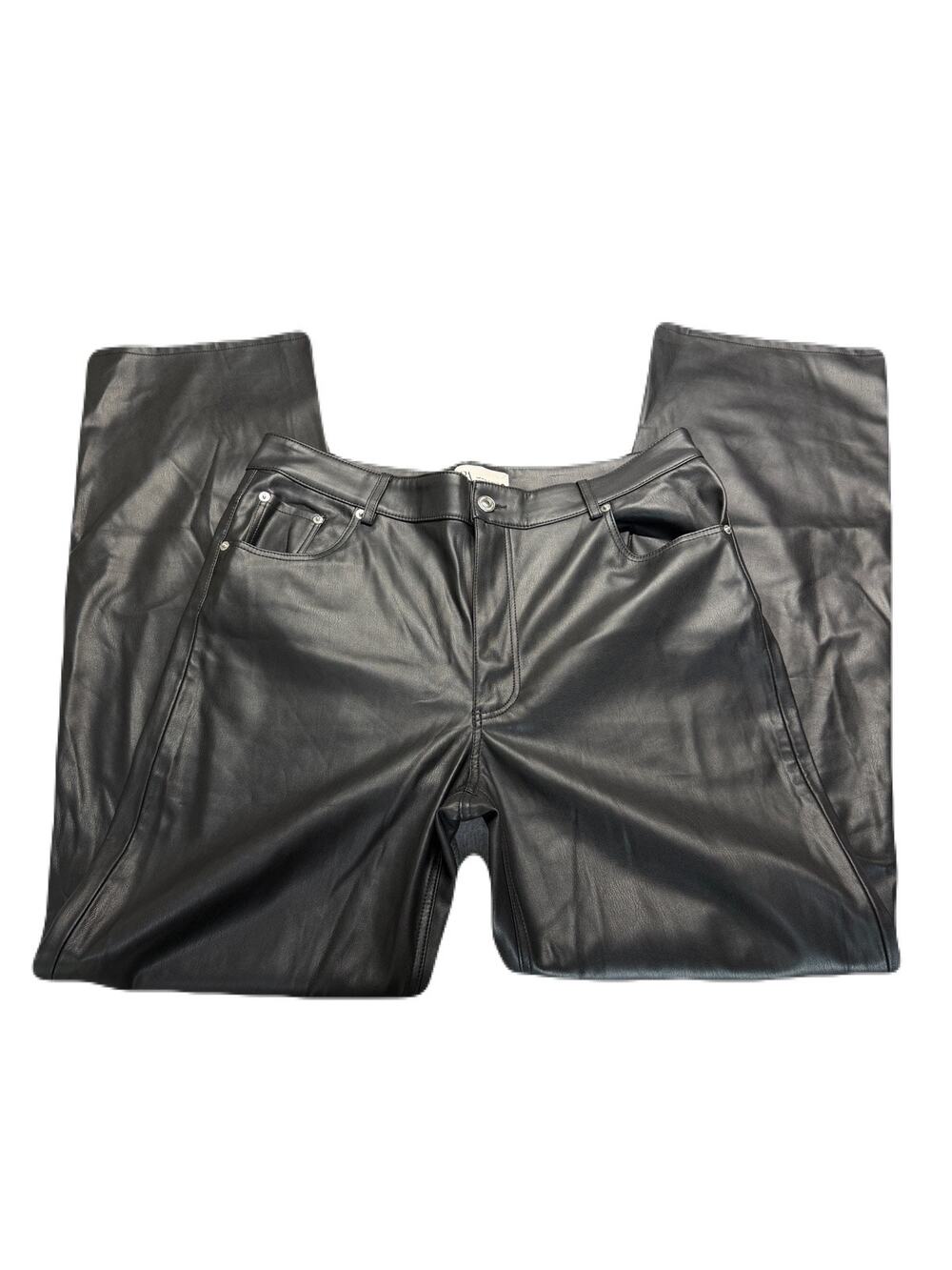 Zara Womens Faux Leather Vegan High Rise Straight Leg Black Pants Trousers S 12
